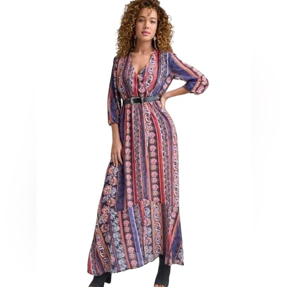 Venus women’s printed striped maxi dress 3/4 sheer sleeves v neckline size 6 - Picture 3 of 17